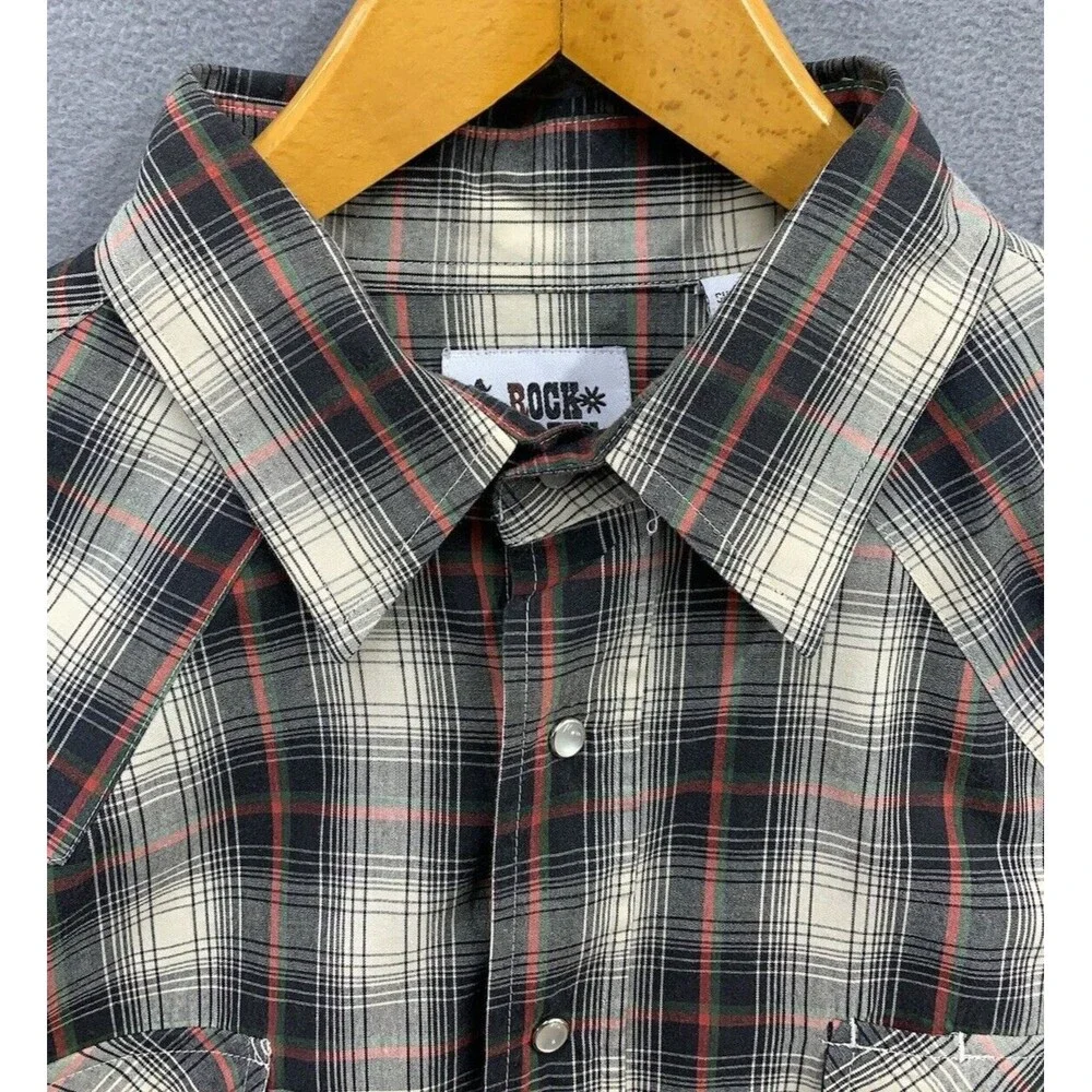 Vtg Rock Creek Ranch Pearl Snap Shirt Big Mens 2XL Green Gray Plaid Top Cowboy